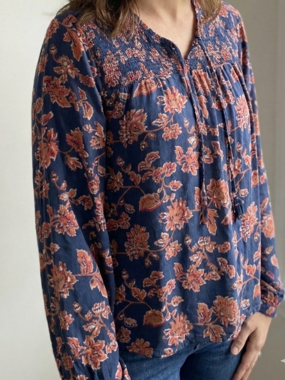 Lucky Brand Bohemian Smocked Yoke Tie Neck Navy Rose Floral Long Sleeve Blouse